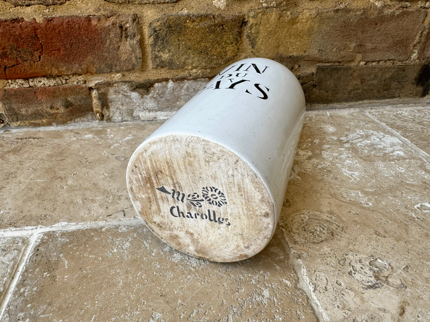 vintage french charolles white stoneware black art deco typography vin du pays bottle