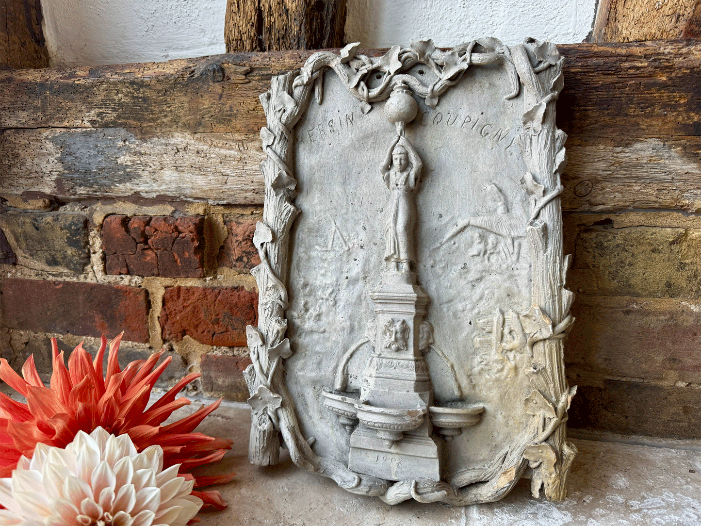 rare antique french town plaque artwork plaster sign hersin coupigny north