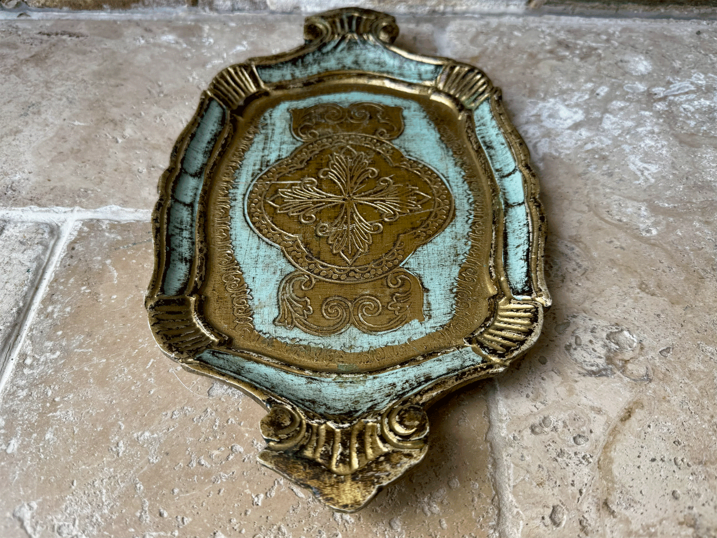 small antique vintage italian florentine tray gold turquoise blue green
