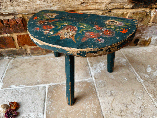 antique swedish 19th century folk art hand painted blue red floral stool