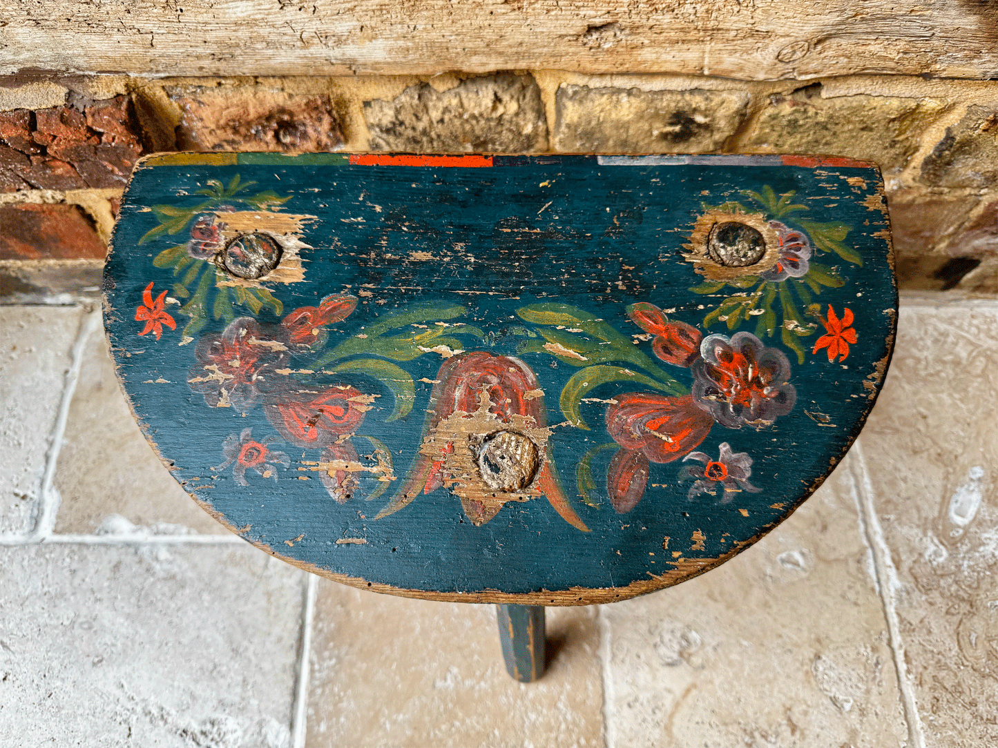 antique swedish 19th century folk art hand painted blue red floral stool
