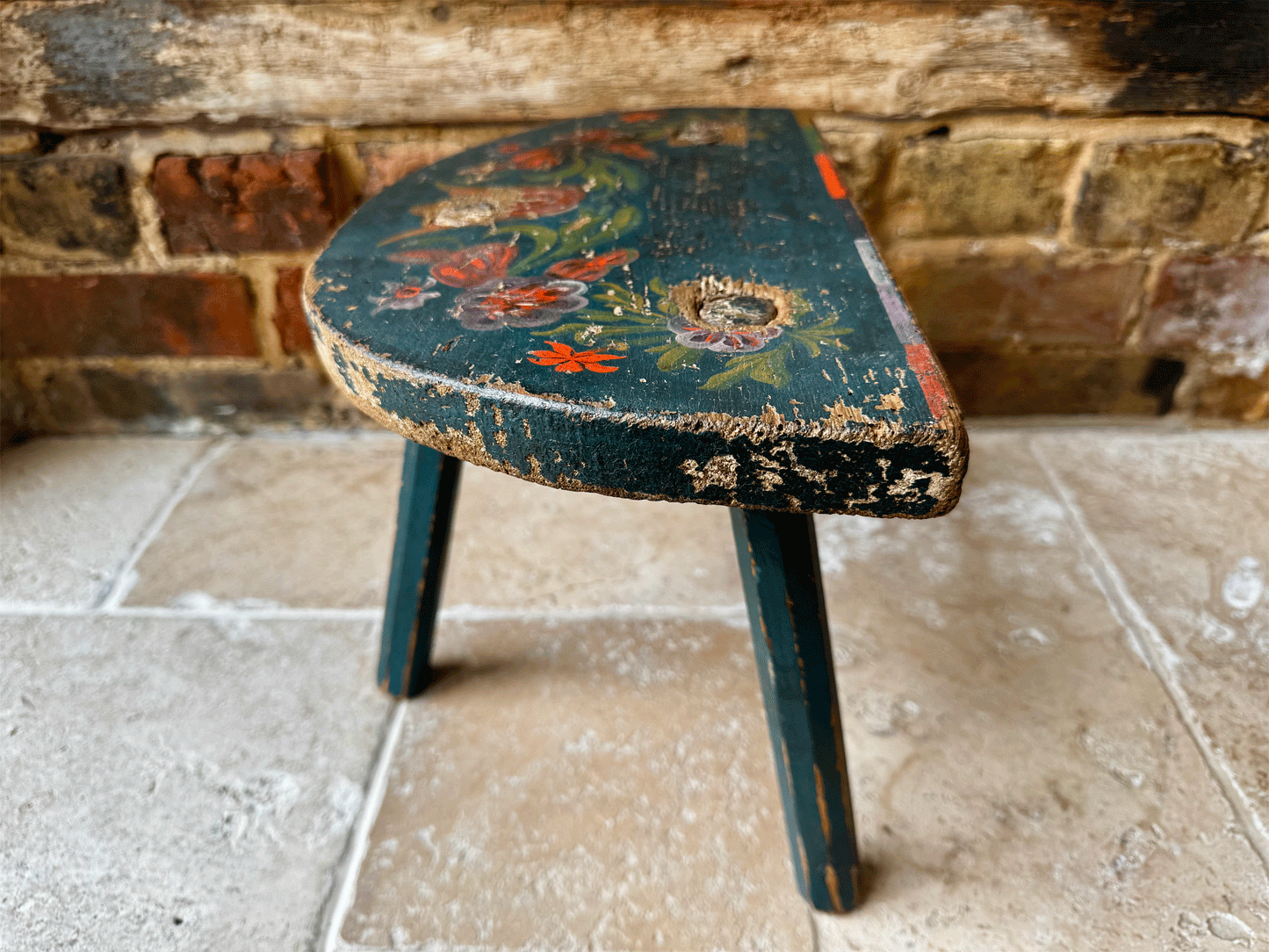 antique swedish 19th century folk art hand painted blue red floral stool