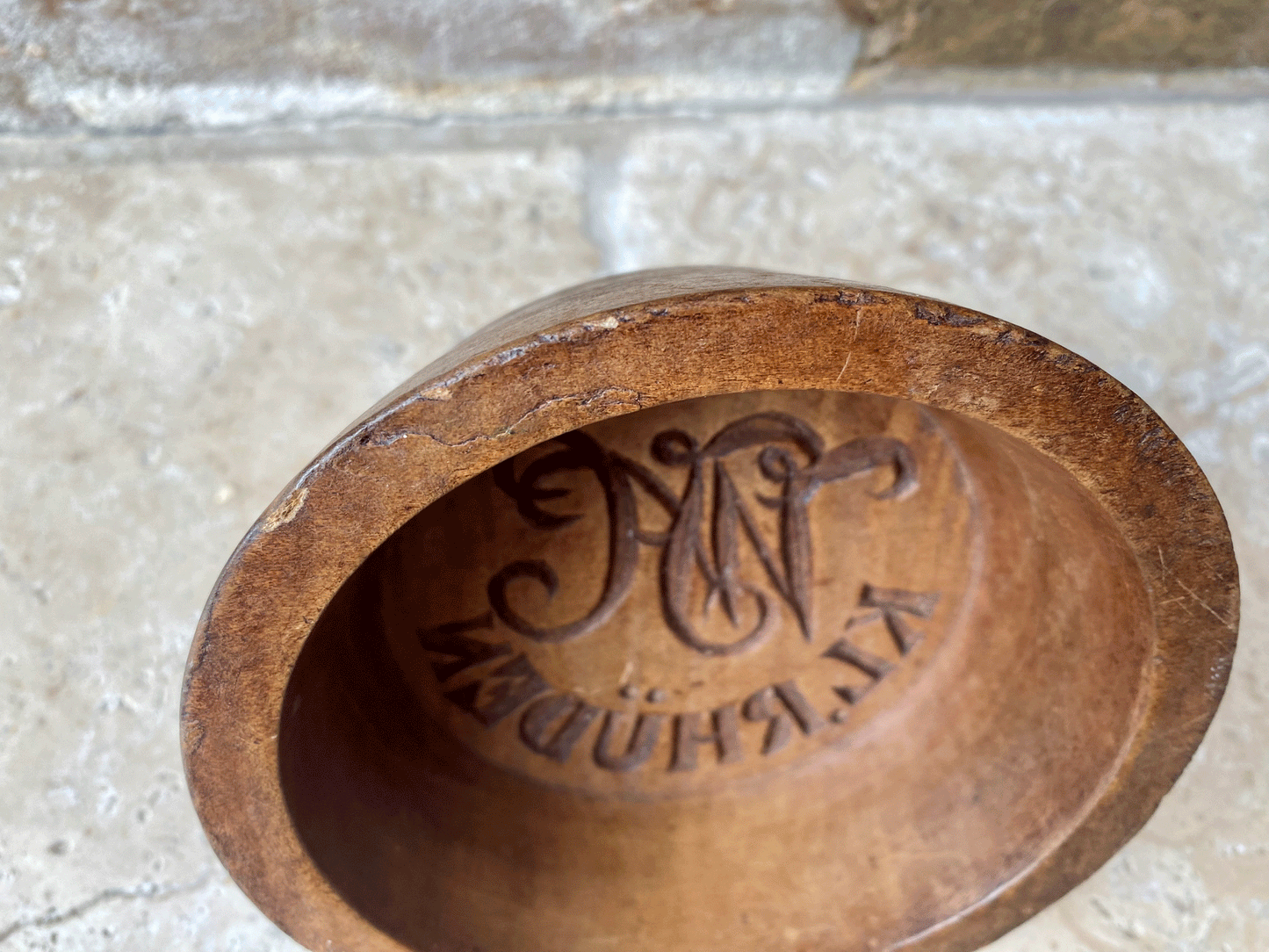 rare antique victorian treen wooden butter mould kl rhuden farm nh monogram