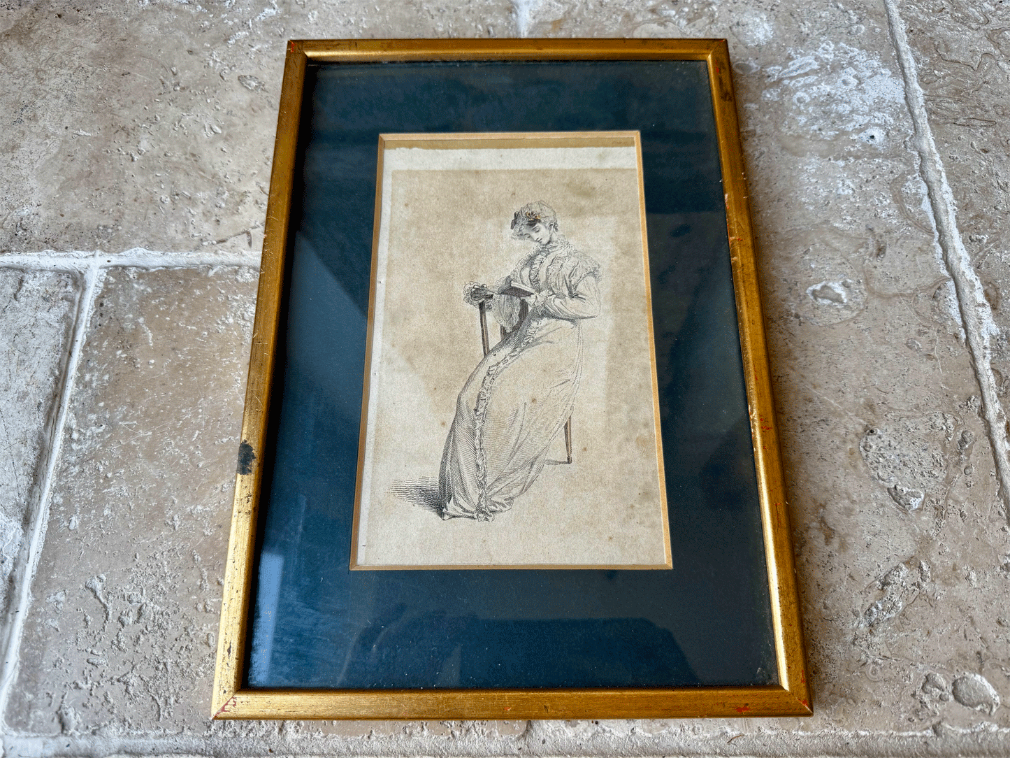 antique georgian 18th century fashion ladies clothing hand painted print gold frame