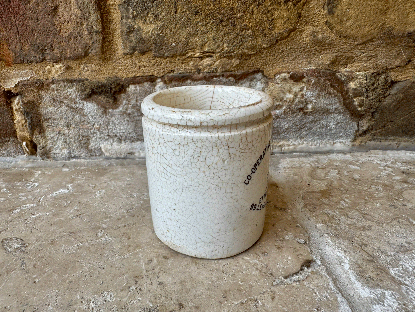 rare antique white ironstone victorian english advertising pot cooperative wholesale society extract meat labor wait pictoral trademark