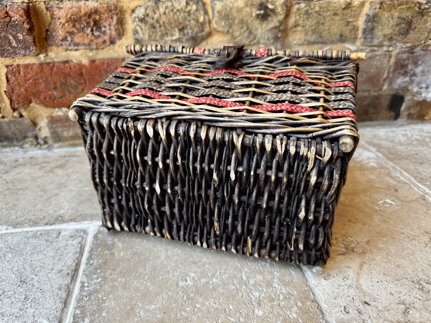 antique victorian small wicker picnic lunch basket leather handles