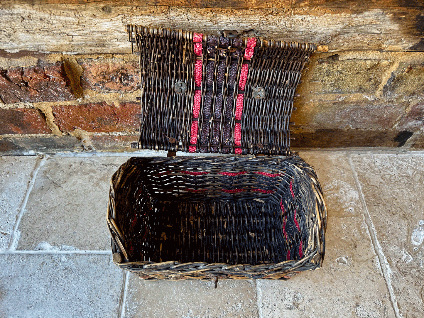 antique victorian small wicker picnic lunch basket leather handles