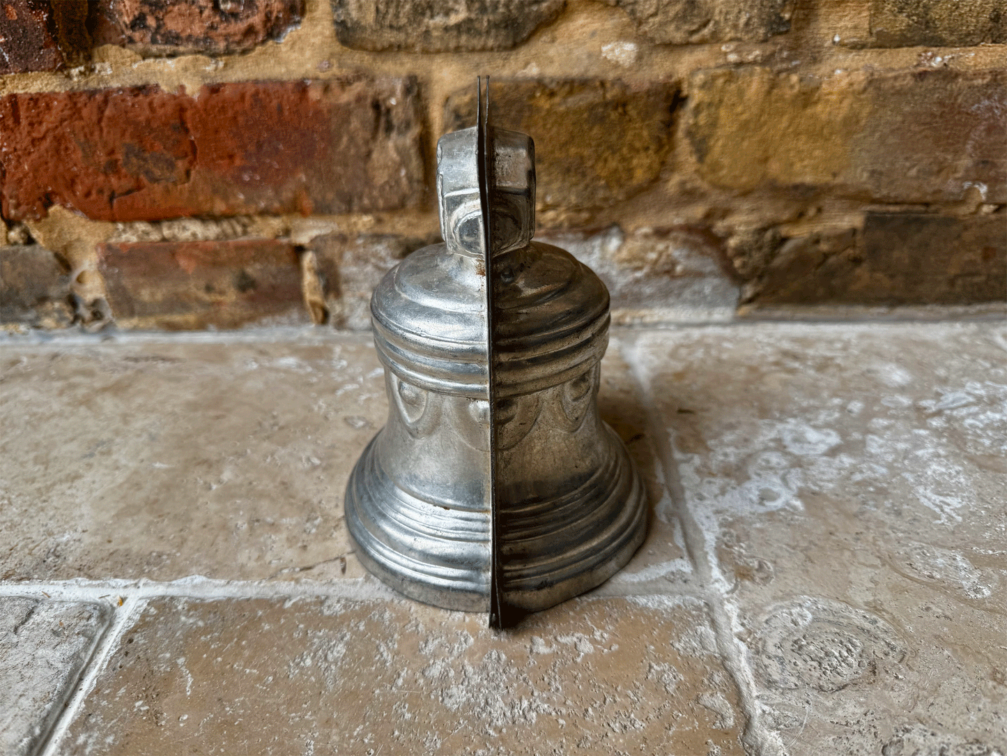 large vintage french decorative two piece bell shaped tin chocolate mould