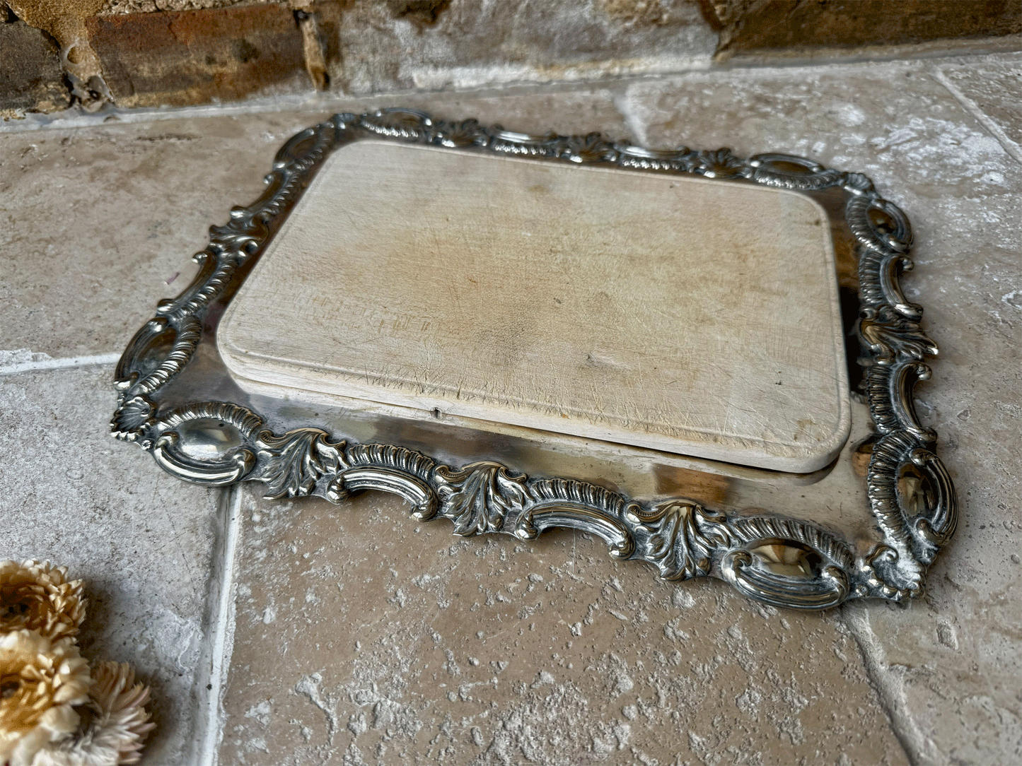 antique vintage english wooden treen breadboard silver plated liner plate harrison brothers howson
