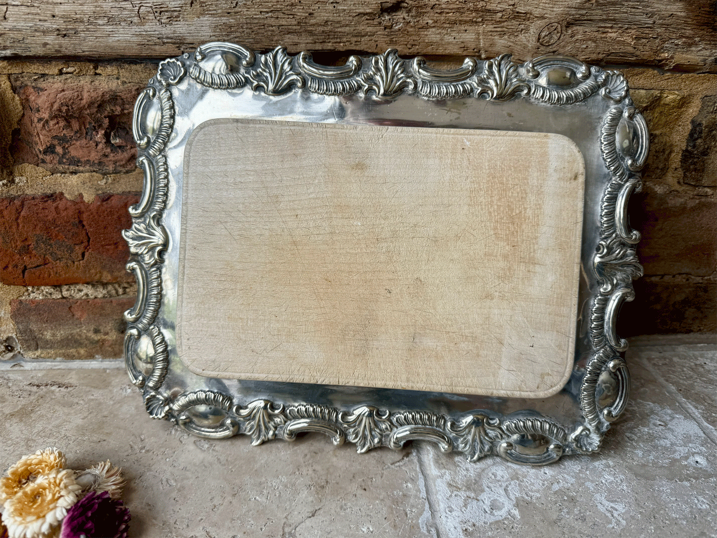 antique vintage english wooden treen breadboard silver plated liner plate harrison brothers howson