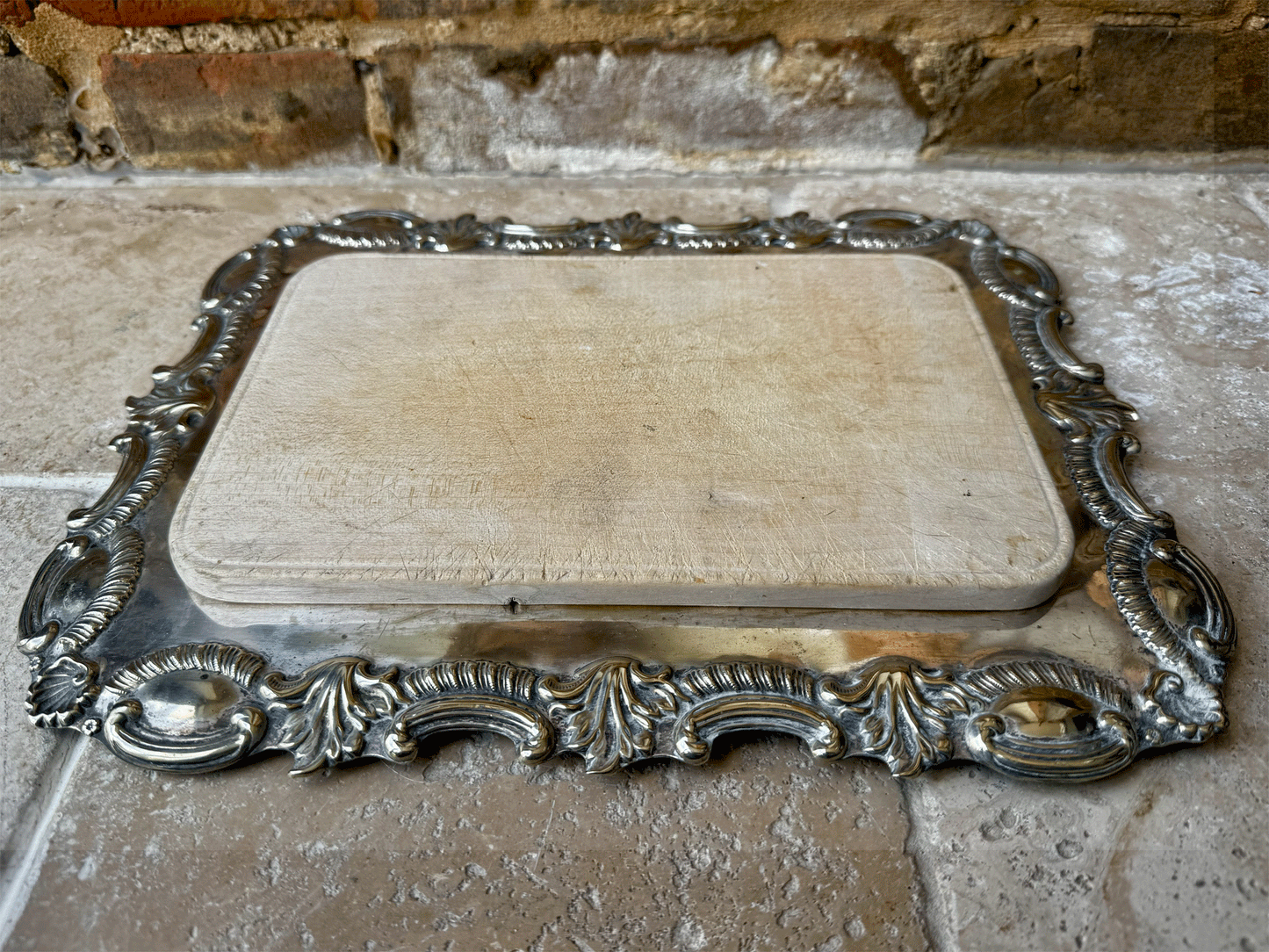 antique vintage english wooden treen breadboard silver plated liner plate harrison brothers howson