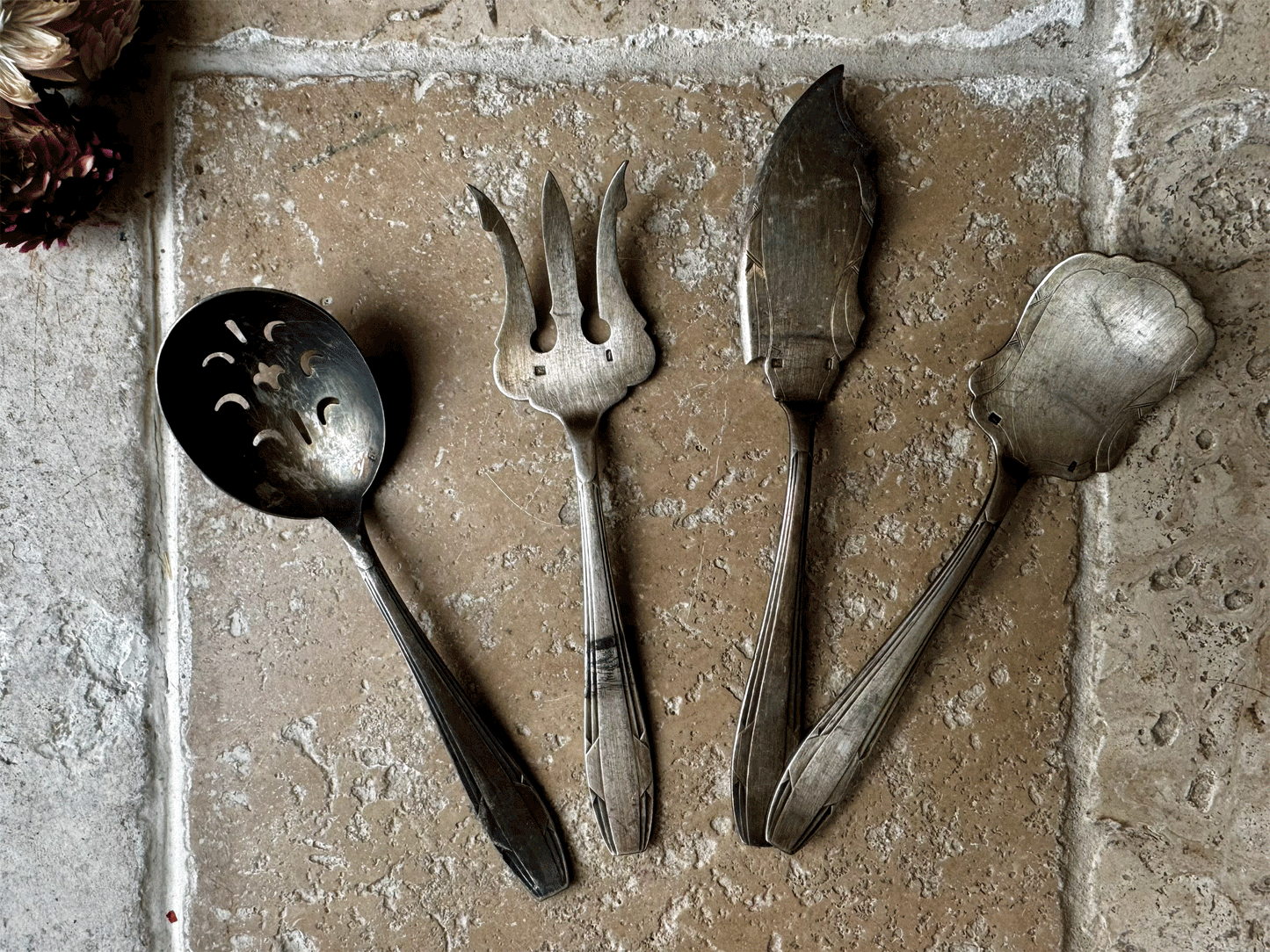 antique french art deco silver plated hors d'oeuvres serving cutlery set