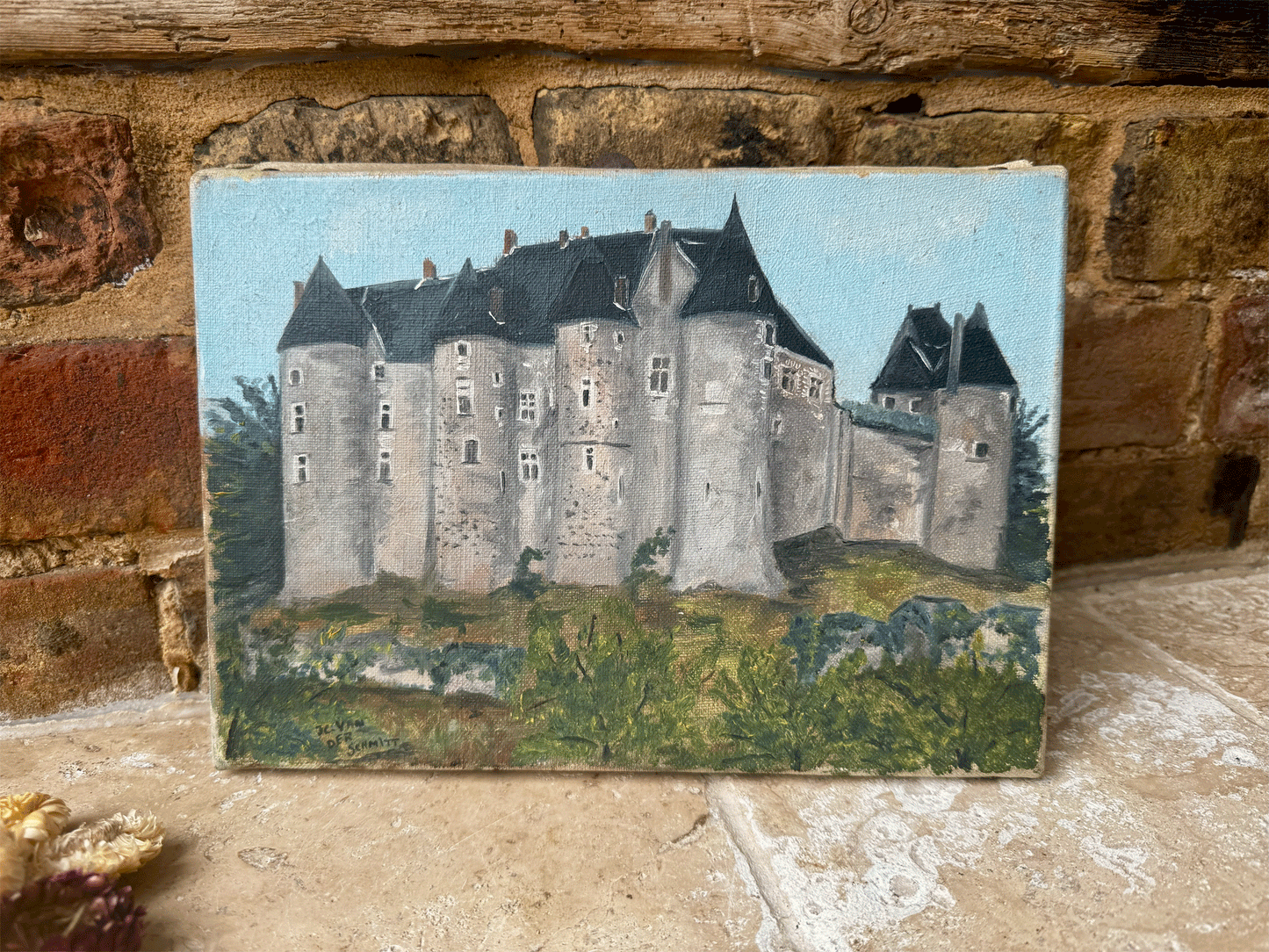 antique vintage french signed oil painting canvas chateau scene setting