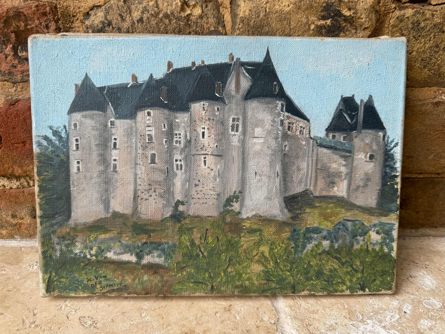 antique vintage french signed oil painting canvas chateau scene setting