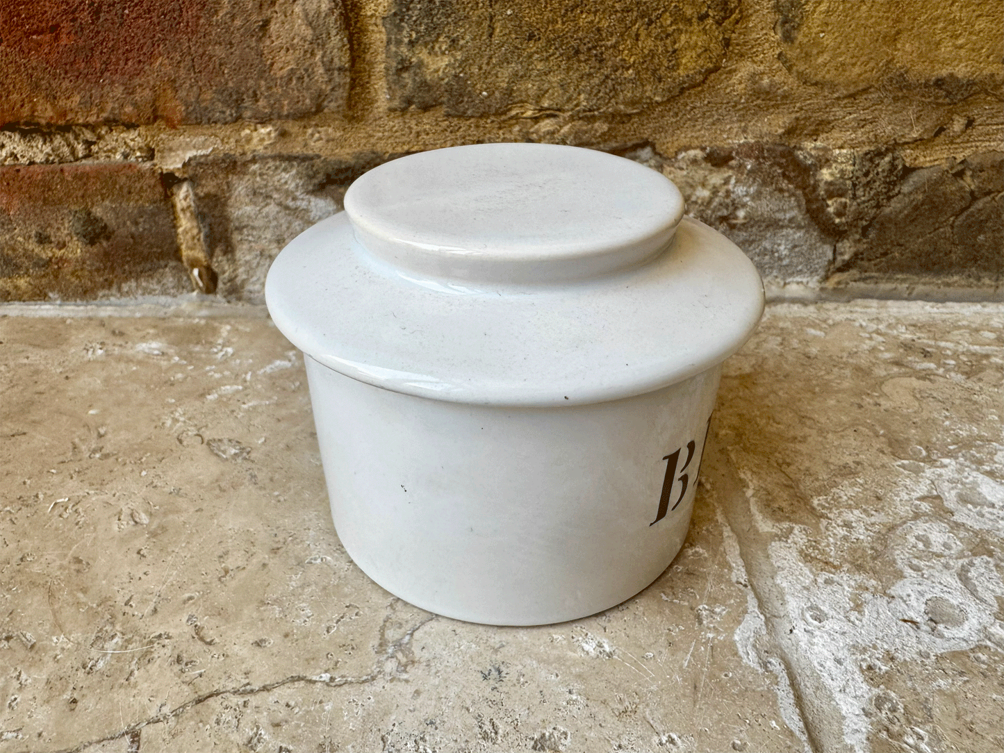 vintage french charolles beurre butter cooler dish pot white stoneware black art deco typography