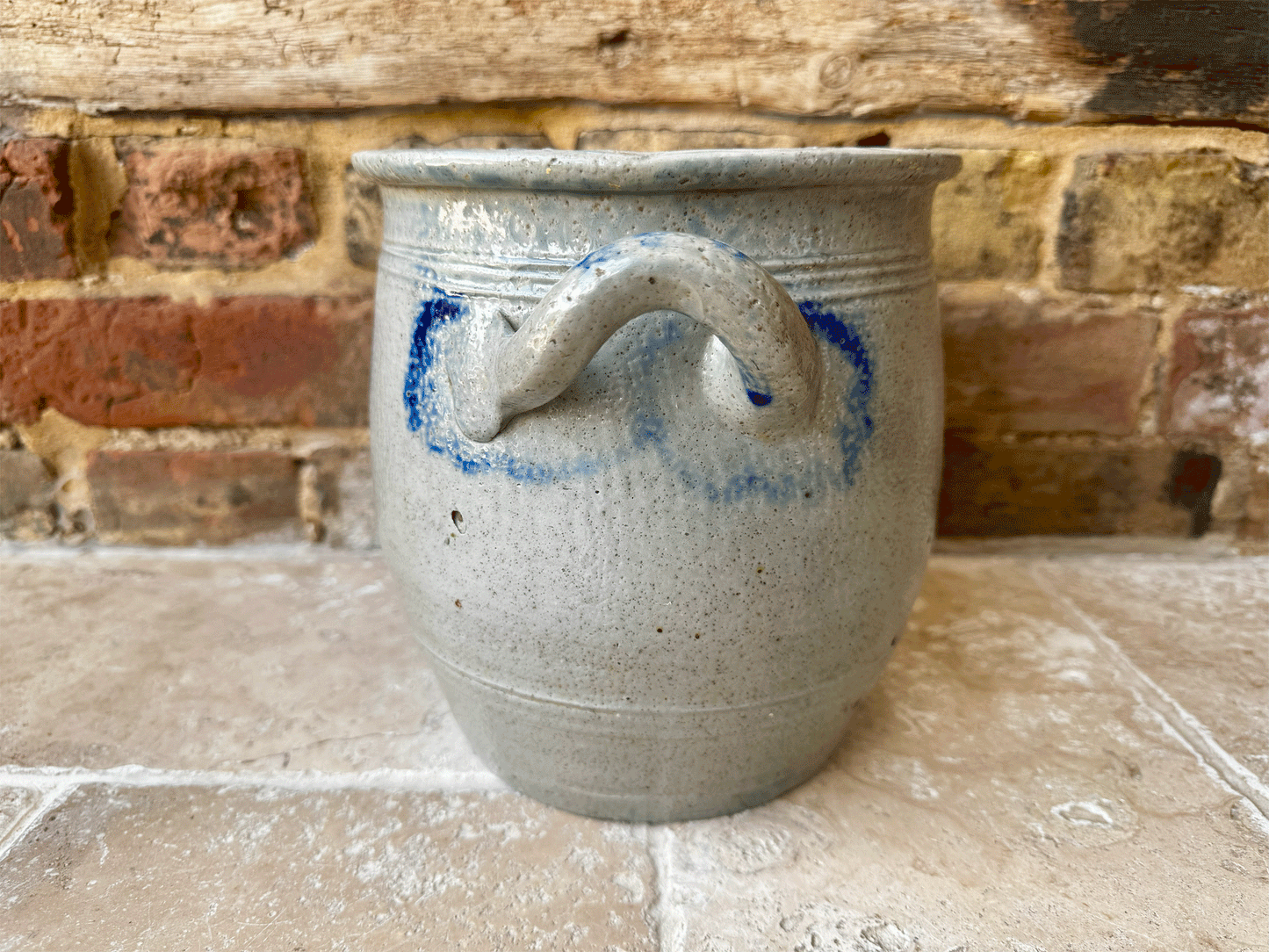 antique french stoneware blue grey glazed alsace pottery handled confit pot jar