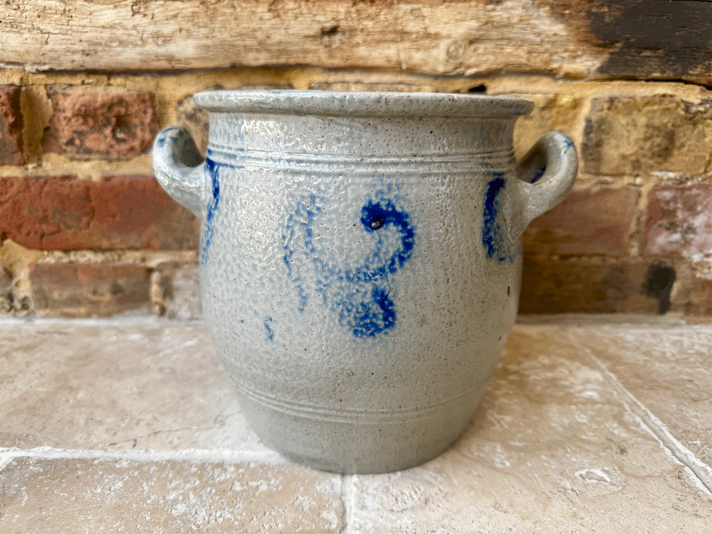 antique french stoneware blue grey glazed alsace pottery handled confit pot jar