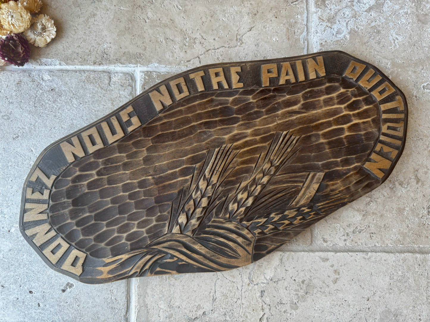 vintage french cutting bread board platter donnez notre pain quotidien wheat daily bread motto