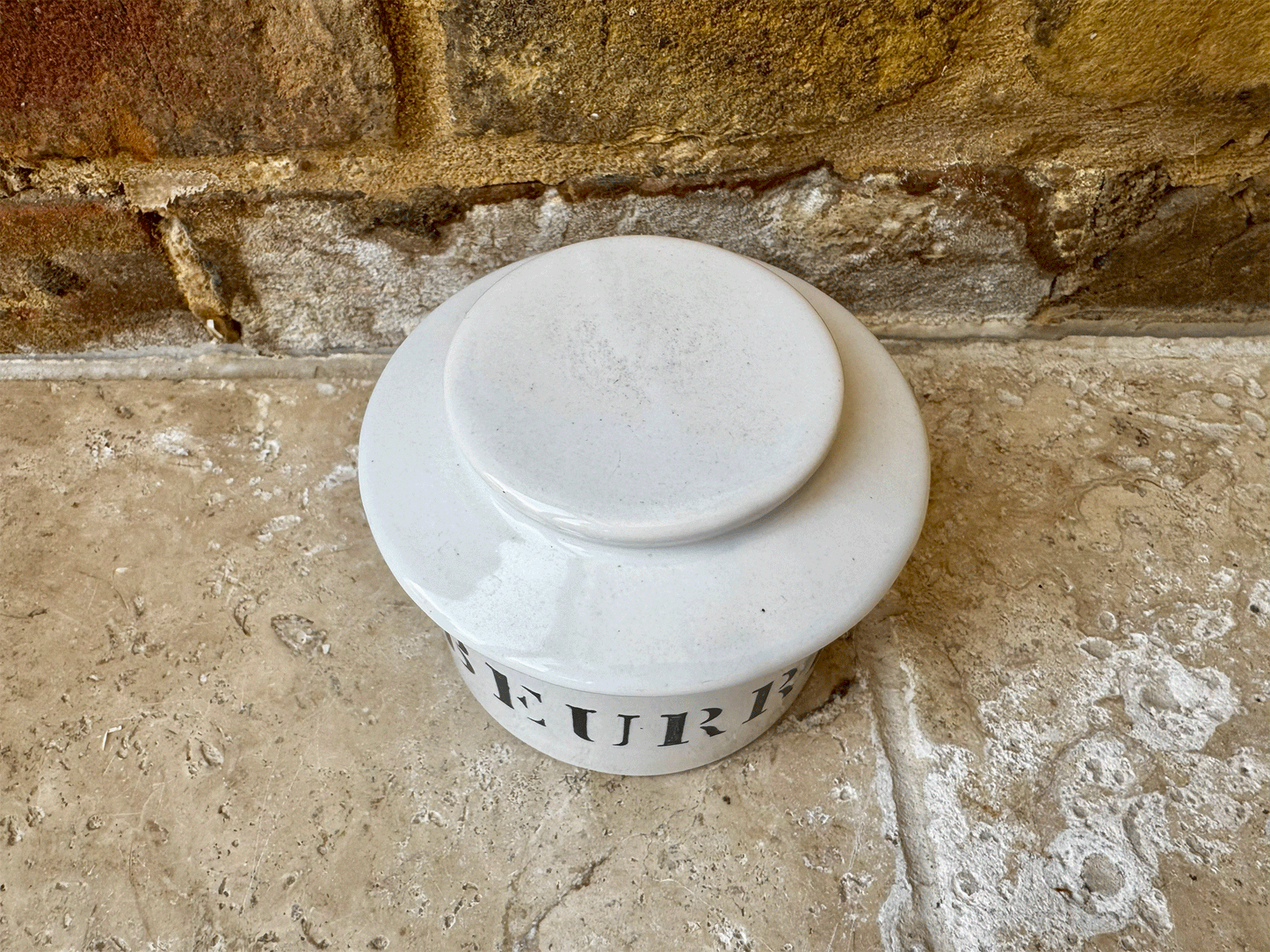 vintage french charolles beurre butter cooler dish pot white stoneware black art deco typography