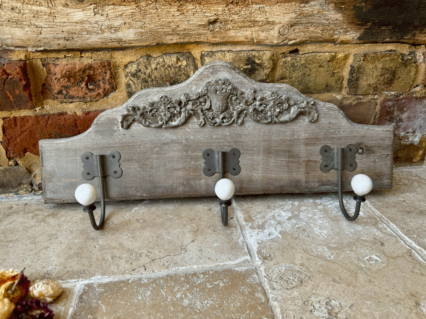 vintage french carved wooden pelmt set coat hooks