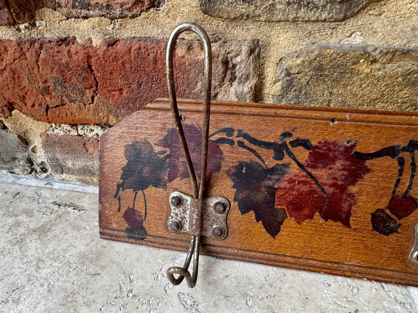 hnd painted decorative french wooden panel coat hooks berries foliage leaves