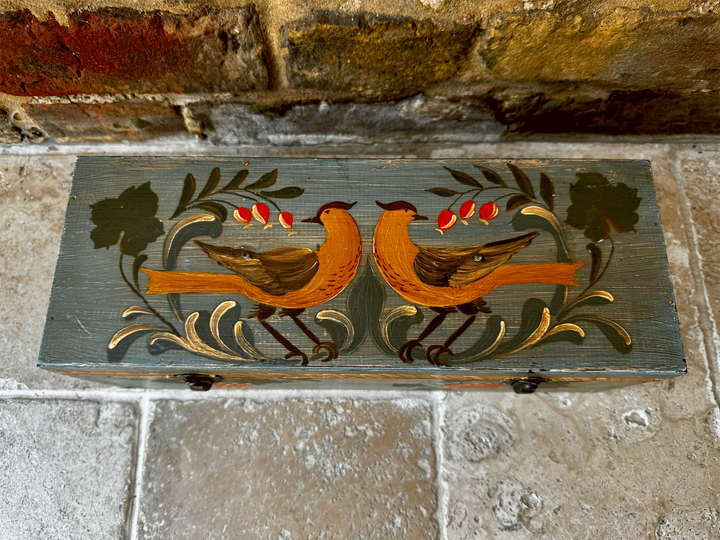 vintage french swedish folk art marriage box gift and painted birds grape vines