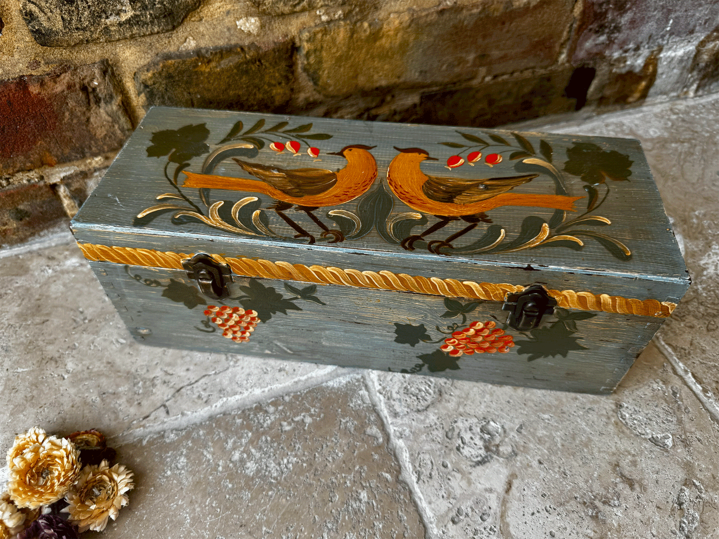 vintage french swedish folk art marriage box gift and painted birds grape vines