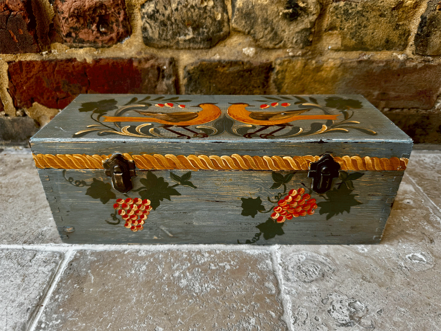 vintage french swedish folk art marriage box gift and painted birds grape vines
