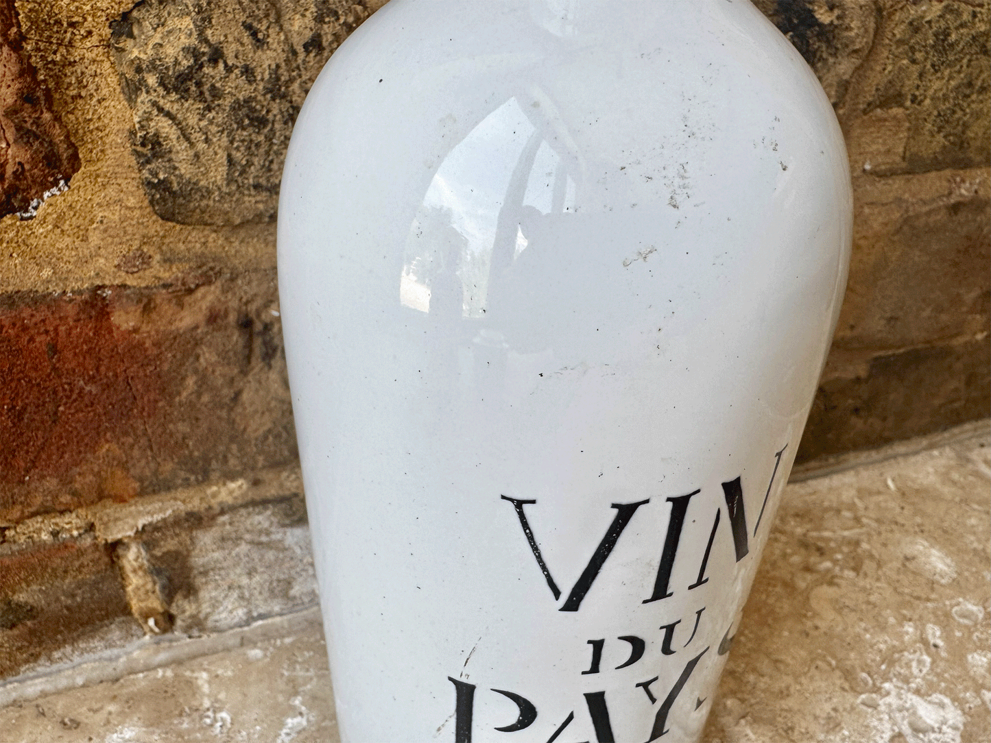 vintage french charolles white stoneware black art deco typography vin du pays bottle