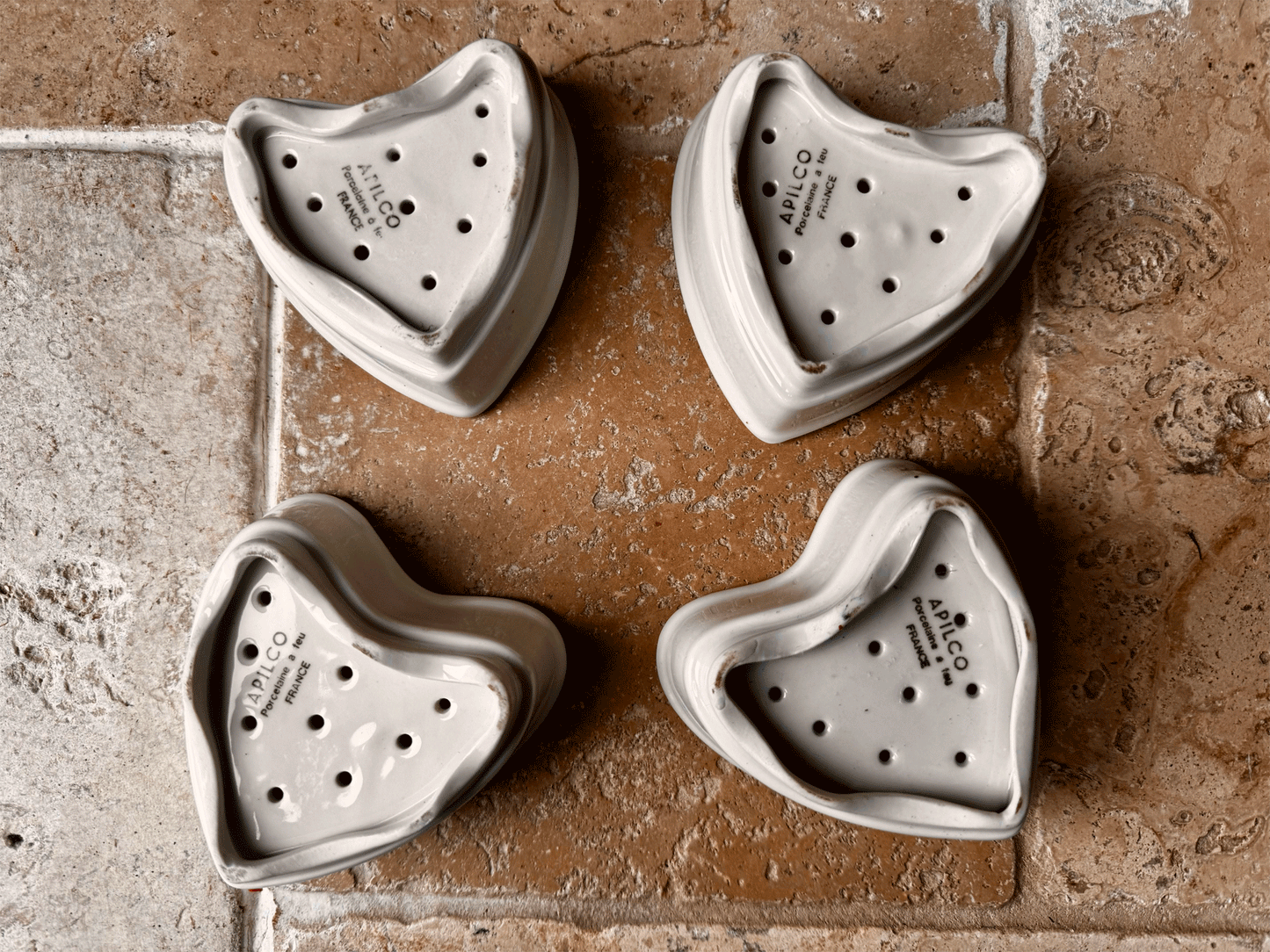 vintage french white ironstone apilco heart shaped pierced cheese faisselle mould pots