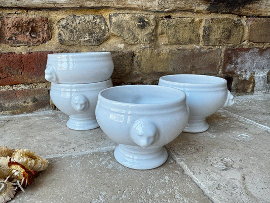 vintage plain white ironstone french onion soup bowls lion handles