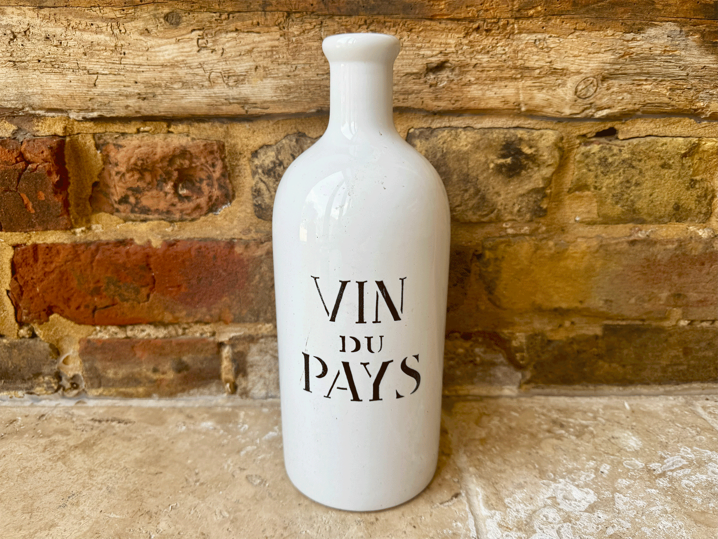 vintage french charolles white stoneware black art deco typography vin du pays bottle
