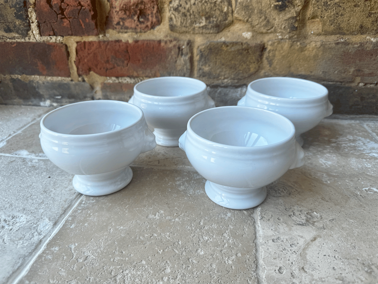 vintage plain white ironstone french onion soup bowls lion handles