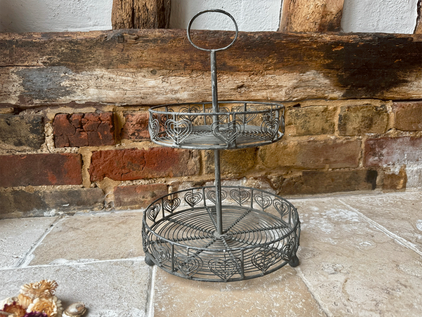 vintage french two tiered wirework cake stand heart decoration