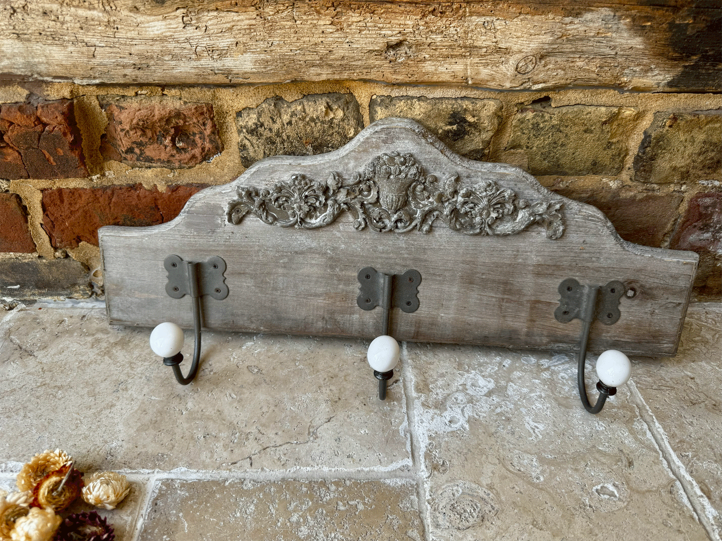 vintage french carved wooden pelmt set coat hooks