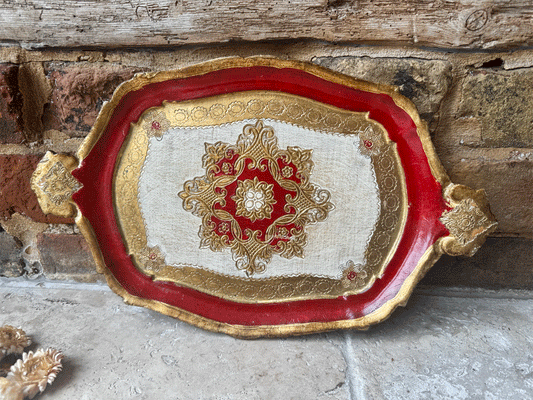 vintage italian medium sized red gold hand painted florentine tray