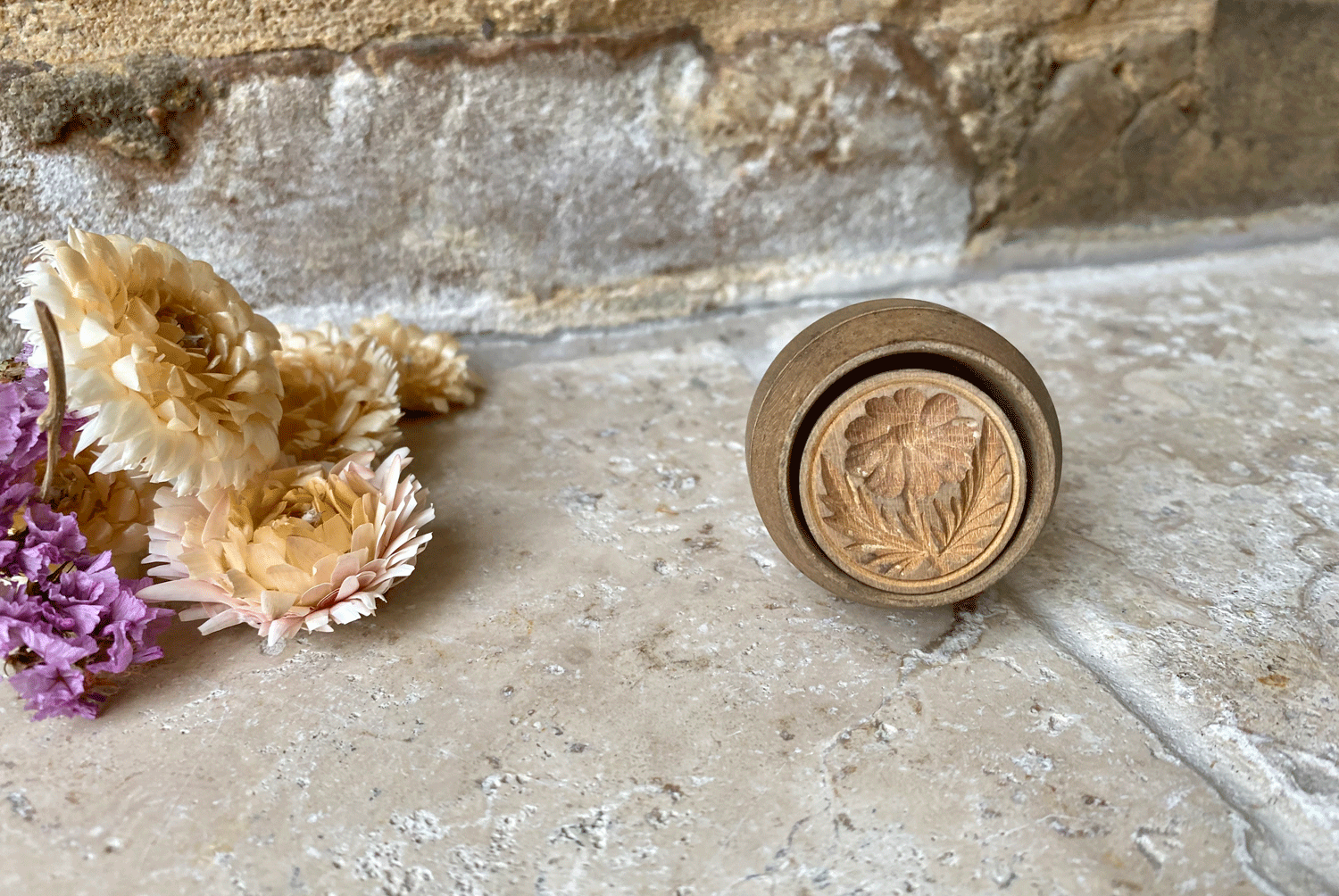 Small Antique Carved Wooden Butter Stamp Flower Decoration