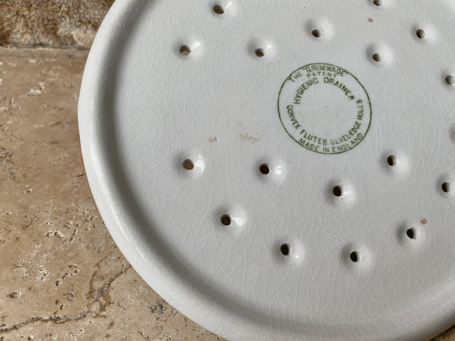 antique early 20th century 1920 grimwades white ironstone advertising hygienic drainer plate pierced strainer