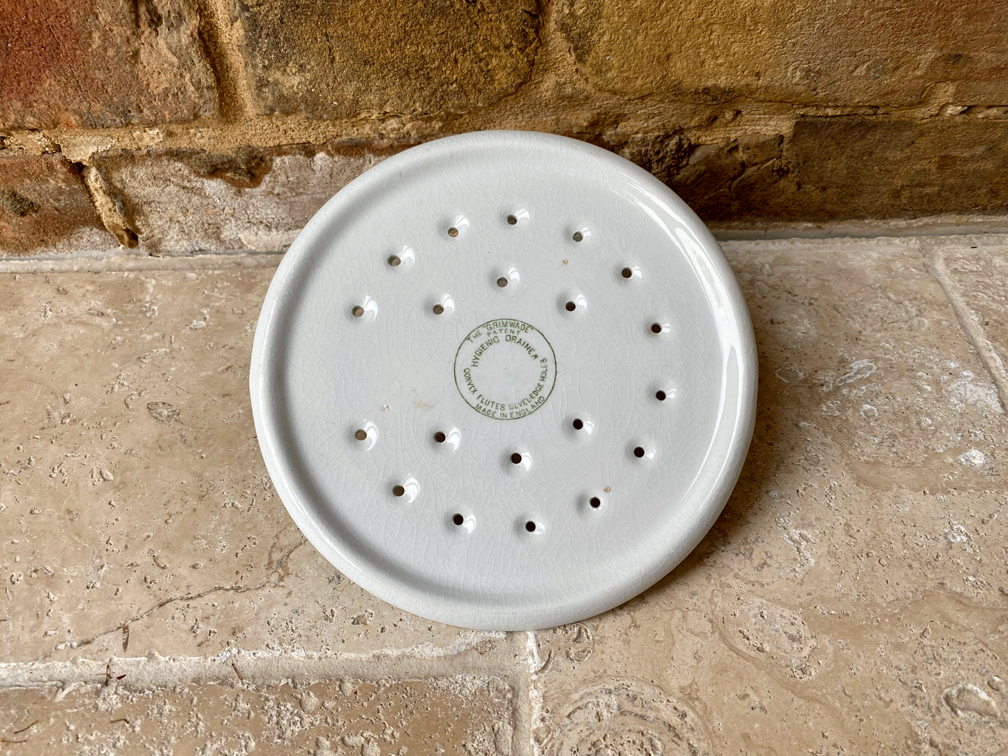 antique early 20th century 1920 grimwades white ironstone advertising hygienic drainer plate pierced strainer