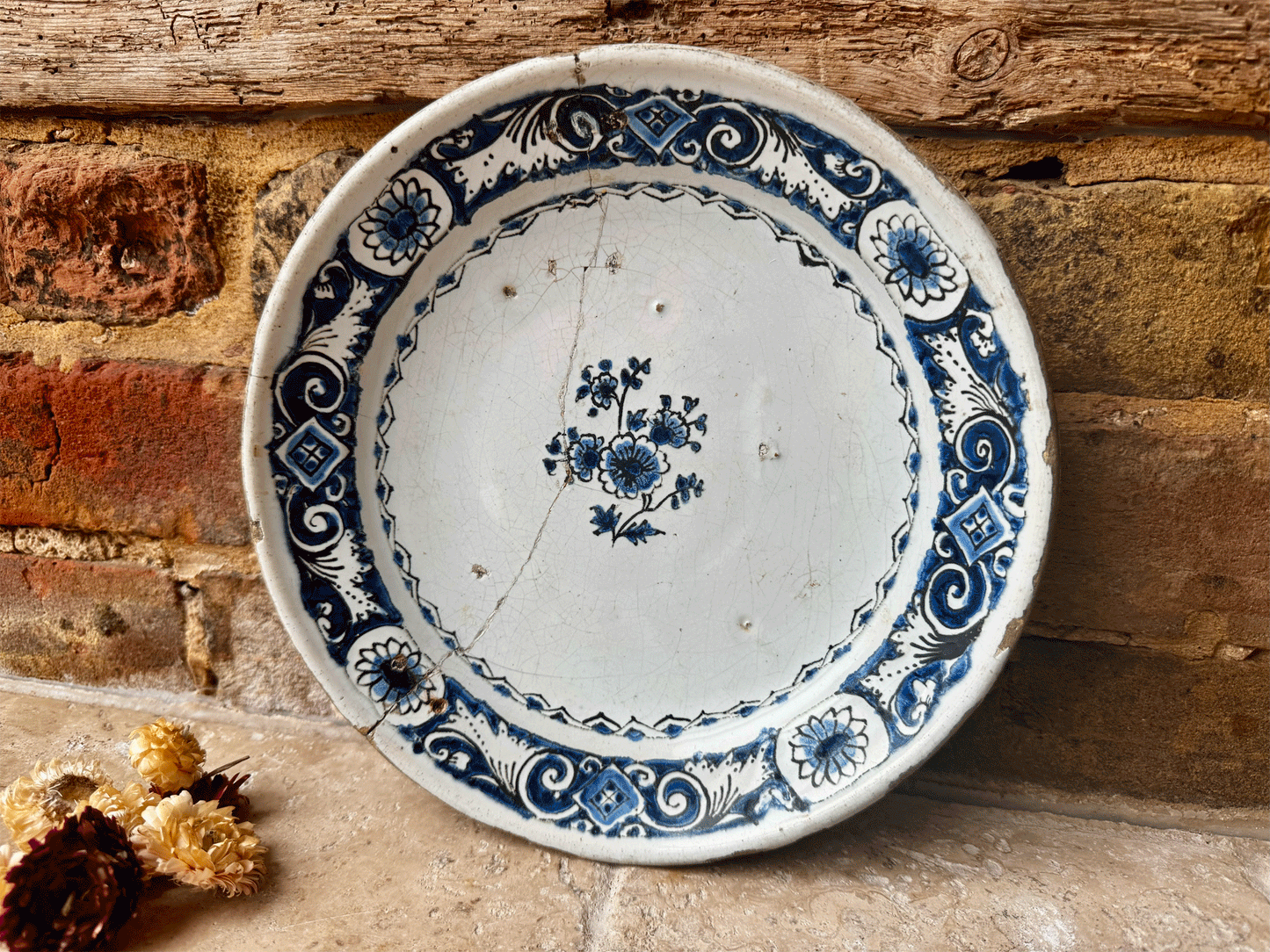 rare antique 18th century 1700s georgian delft cobalt blue tin ware plate staple repair