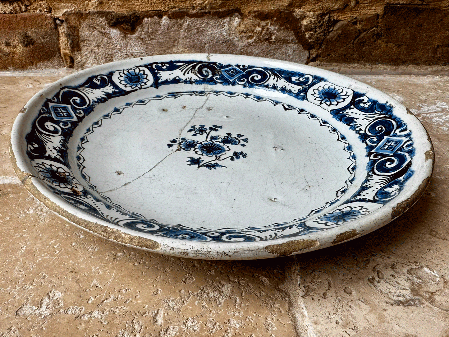 rare antique 18th century 1700s georgian delft cobalt blue tin ware plate staple repair