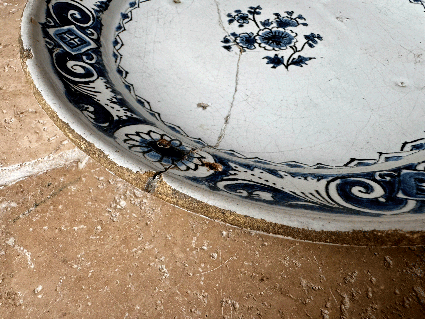 rare antique 18th century 1700s georgian delft cobalt blue tin ware plate staple repair