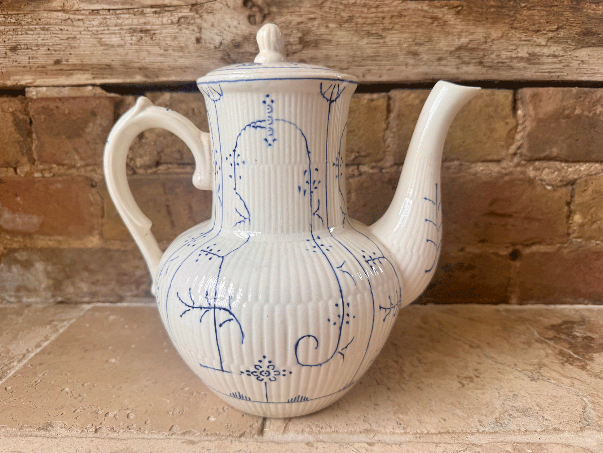 antique 1920s ironstone boch freres coffee teapot fluted blue copenhagen pattern