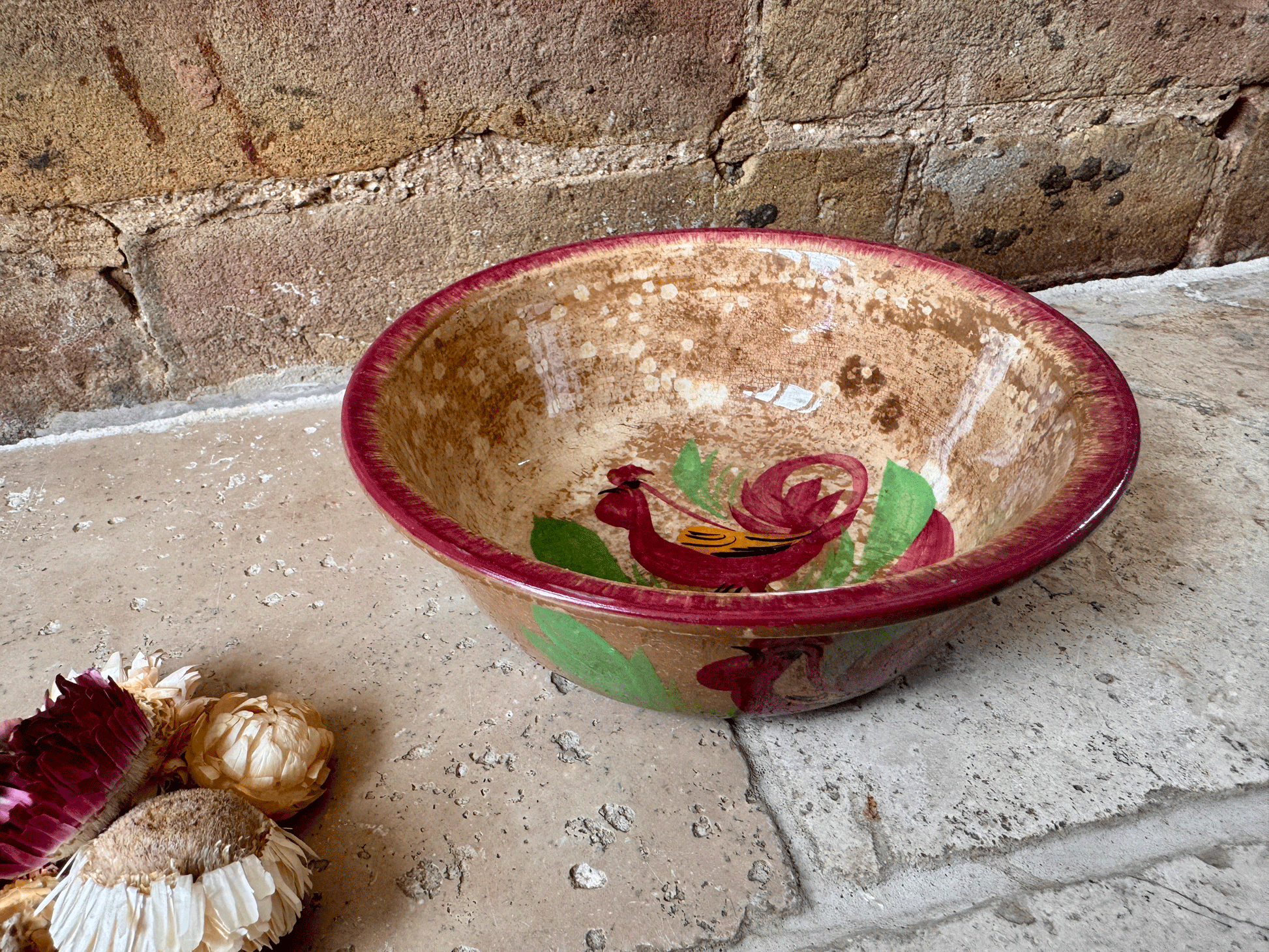 antique french ironstone terre de fer spongeware transferware cockerel bowl sarreguemines