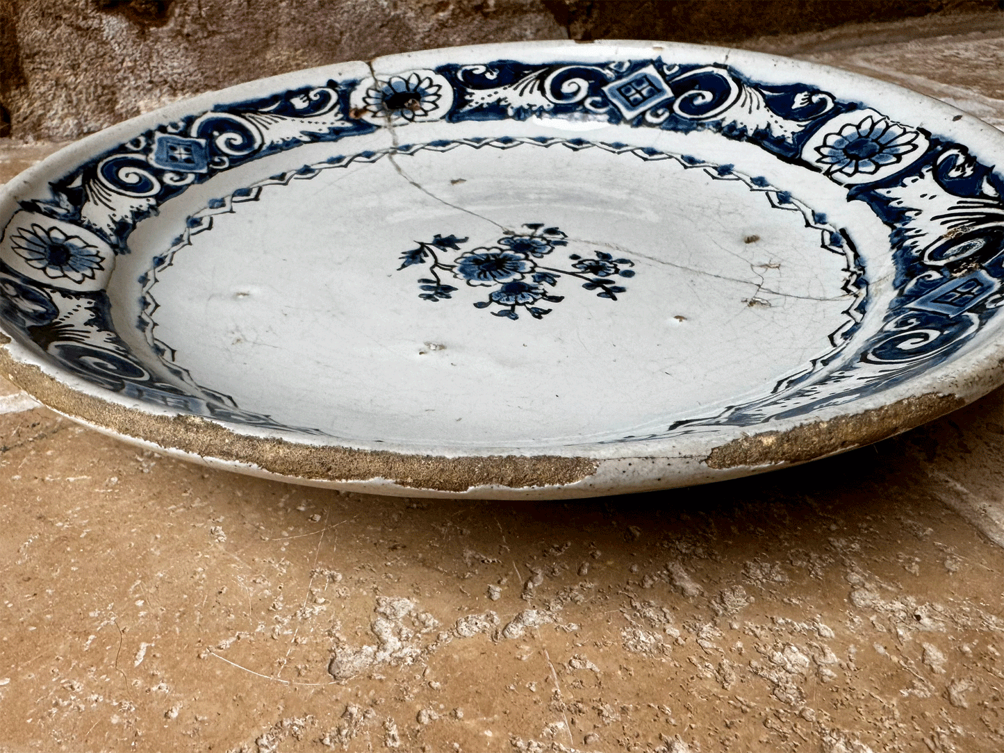 rare antique 18th century 1700s georgian delft cobalt blue tin ware plate staple repair