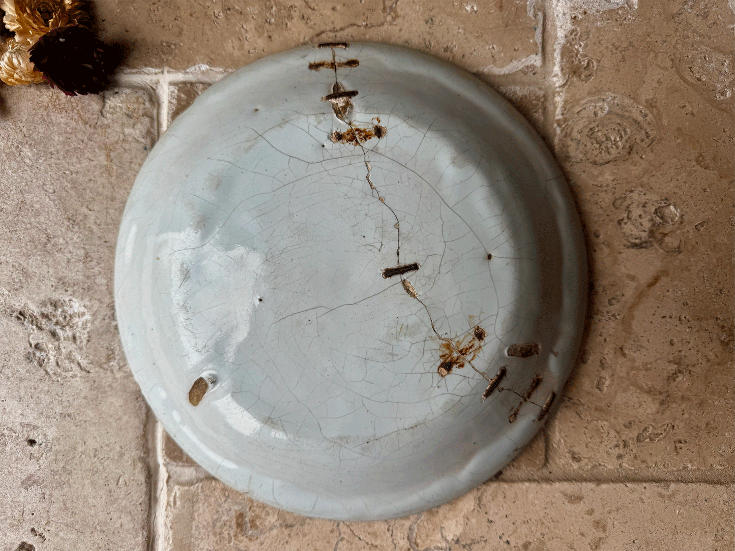 rare antique 18th century 1700s georgian delft cobalt blue tin ware plate staple repair