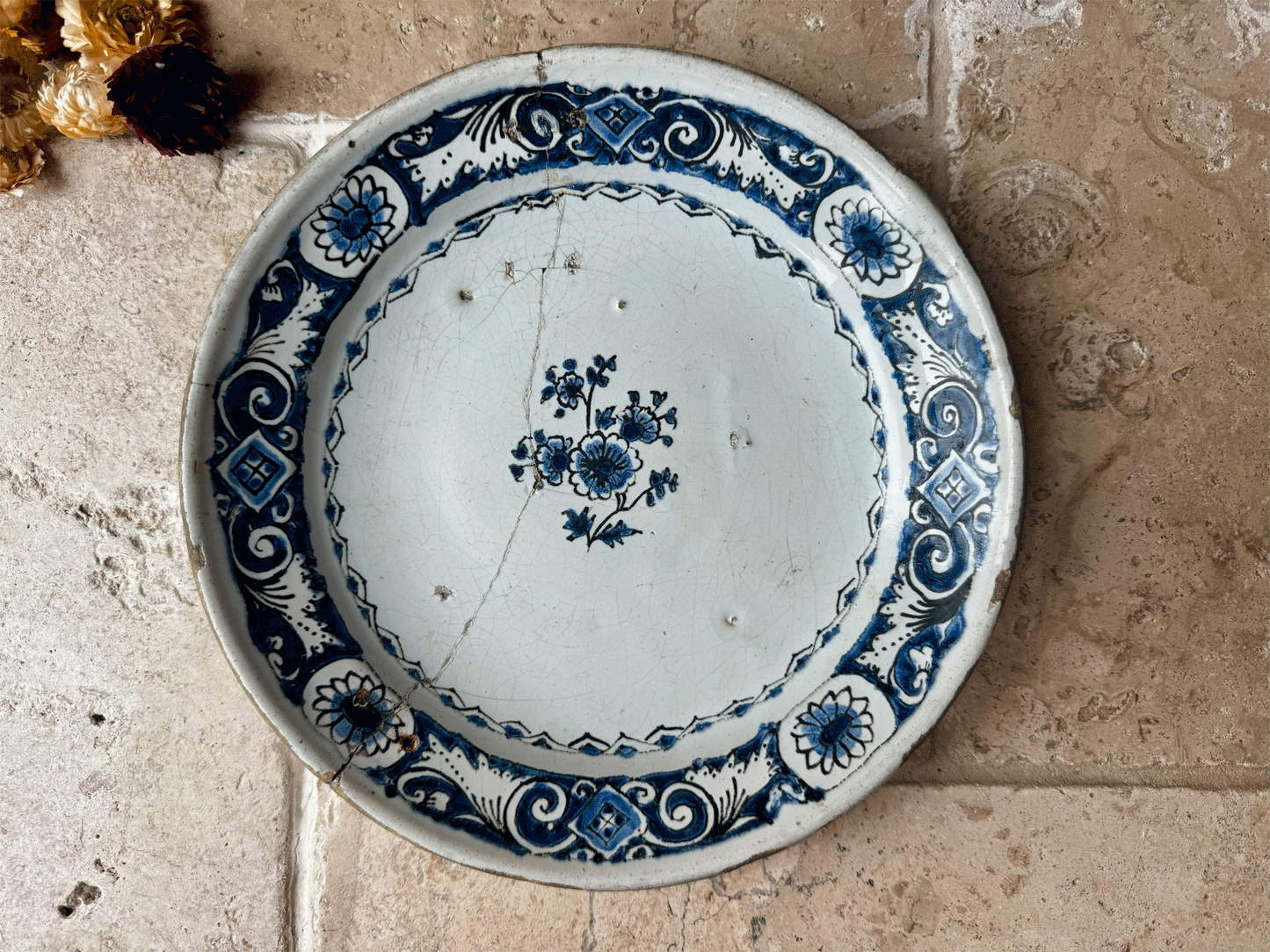 rare antique 18th century 1700s georgian delft cobalt blue tin ware plate staple repair