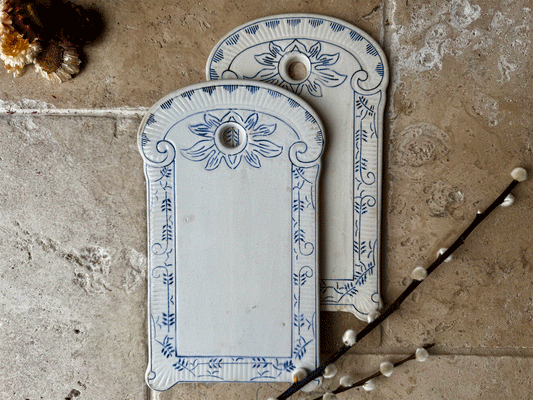 antique 1920s white ironstone blue transferware onion cutting board boch les freres