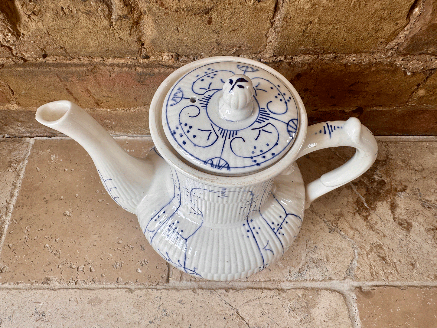 antique 1920s ironstone boch freres coffee teapot fluted blue copenhagen pattern