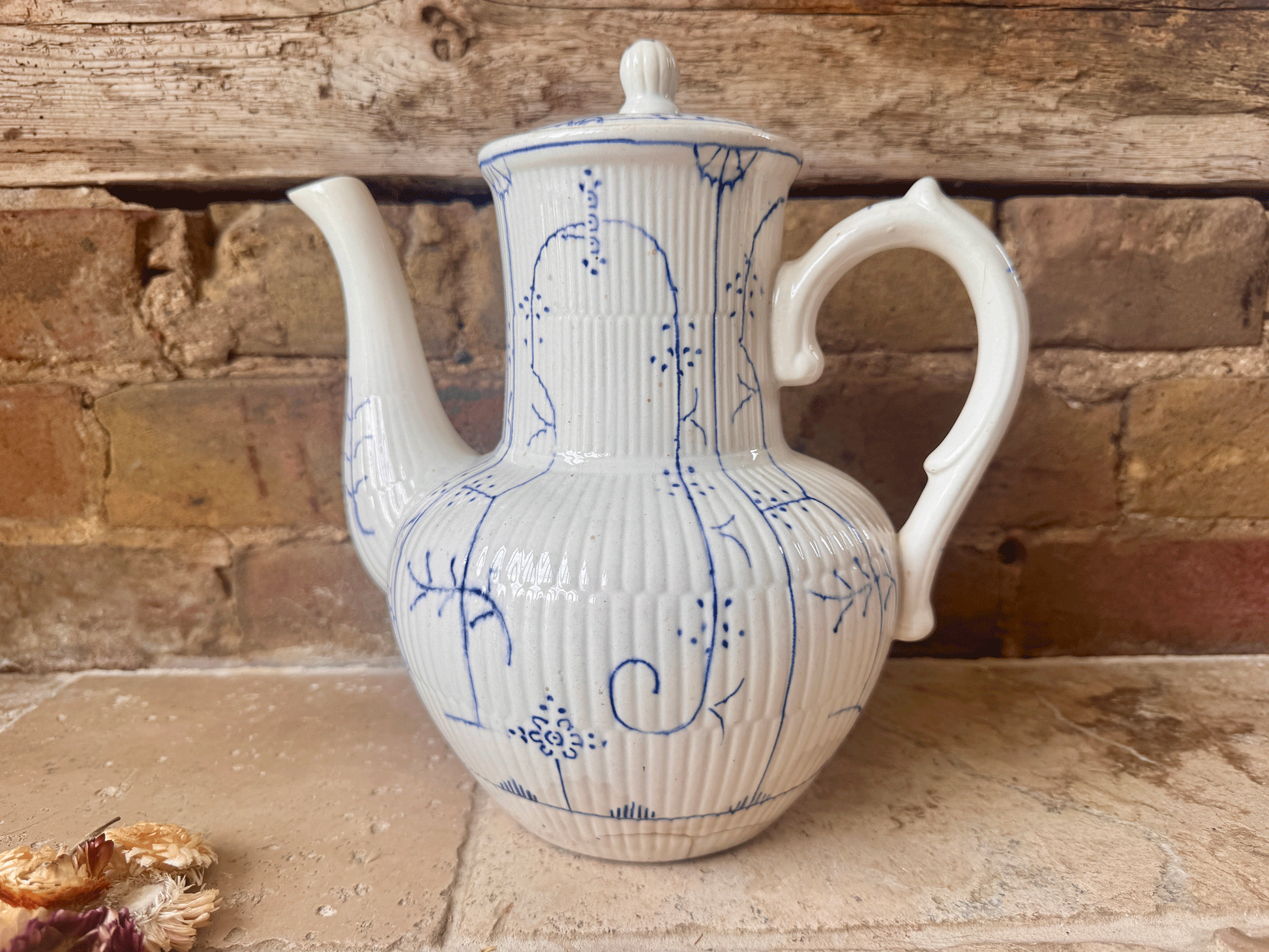 antique 1920s ironstone boch freres coffee teapot fluted blue copenhagen pattern